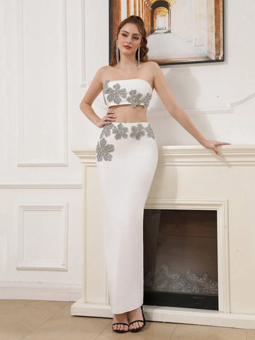 Modphy 2 Piece Set 2024 Autumn/Winter Rhinestone 3D Floral Strapless Cropped Top And Skirt Sexy Bandage Women's Two Piece Dress Suit Modphy 2 Piece Set 2024 Autumn/Winter Rhinestone 3D Floral Strapless Cropped Top And Skirt Sexy Bandage Women's Two Piece Dress Suit