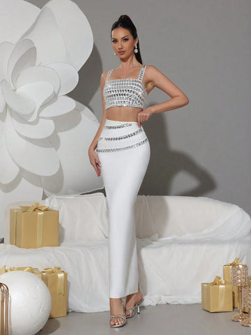 Modphy 2 Piece Set: Rhinestone Decor Camisole Crop Top + Long Skirt, Elegant Party Outfit For Women, 2024 New Arrival Modphy 2 Piece Set: Rhinestone Decor Camisole Crop Top + Long Skirt, Elegant Party Outfit For Women, 2024 New Arrival