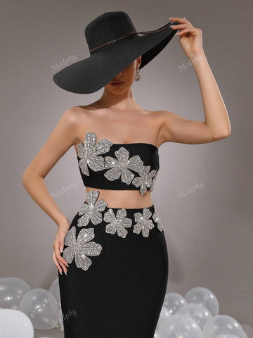 Modphy 2pcs/Set 2024 Autumn Winter New Rhinestone 3D Floral Bandeau Crop Top & Skirt Sexy Outfit For Women Modphy 2pcs/Set 2024 Autumn Winter New Rhinestone 3D Floral Bandeau Crop Top & Skirt Sexy Outfit For Women