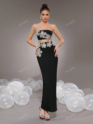 Modphy 2pcs/Set 2024 Autumn Winter New Rhinestone 3D Floral Bandeau Crop Top & Skirt Sexy Outfit For Women Modphy 2pcs/Set 2024 Autumn Winter New Rhinestone 3D Floral Bandeau Crop Top & Skirt Sexy Outfit For Women