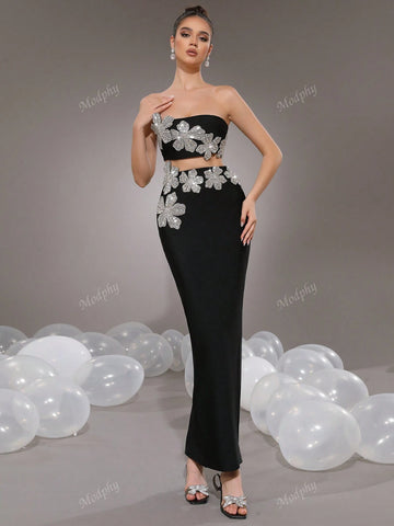 Modphy 2pcs/Set 2024 Autumn Winter New Rhinestone 3D Floral Bandeau Crop Top & Skirt Sexy Outfit For Women Modphy 2pcs/Set 2024 Autumn Winter New Rhinestone 3D Floral Bandeau Crop Top & Skirt Sexy Outfit For Women