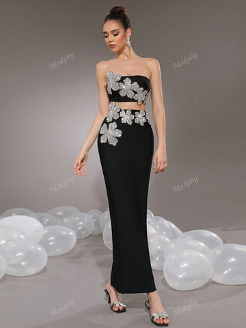 Modphy 2pcs/Set 2024 Autumn Winter New Rhinestone 3D Floral Bandeau Crop Top & Skirt Sexy Outfit For Women Modphy 2pcs/Set 2024 Autumn Winter New Rhinestone 3D Floral Bandeau Crop Top & Skirt Sexy Outfit For Women