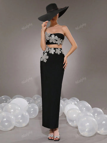 Modphy 2pcs/Set 2024 Autumn Winter New Rhinestone 3D Floral Bandeau Crop Top & Skirt Sexy Outfit For Women Modphy 2pcs/Set 2024 Autumn Winter New Rhinestone 3D Floral Bandeau Crop Top & Skirt Sexy Outfit For Women