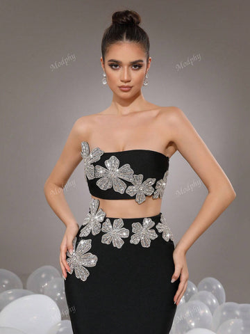 Modphy 2pcs/Set 2024 Autumn Winter New Rhinestone 3D Floral Bandeau Crop Top & Skirt Sexy Outfit For Women Modphy 2pcs/Set 2024 Autumn Winter New Rhinestone 3D Floral Bandeau Crop Top & Skirt Sexy Outfit For Women