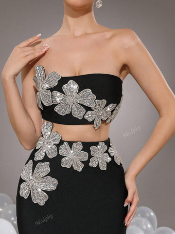 Modphy 2pcs/Set 2024 Autumn Winter New Rhinestone 3D Floral Bandeau Crop Top & Skirt Sexy Outfit For Women Modphy 2pcs/Set 2024 Autumn Winter New Rhinestone 3D Floral Bandeau Crop Top & Skirt Sexy Outfit For Women