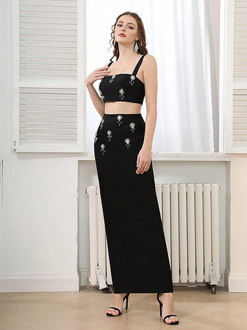 Modphy 2pcs/Set Sexy Spaghetti Strap Solid Shiny Rhinestone Backless Crop Top And Form-Fitting Long Skirt, Cocktail Party Outfit Modphy 2pcs/Set Sexy Spaghetti Strap Solid Shiny Rhinestone Backless Crop Top And Form-Fitting Long Skirt, Cocktail Party Outfit