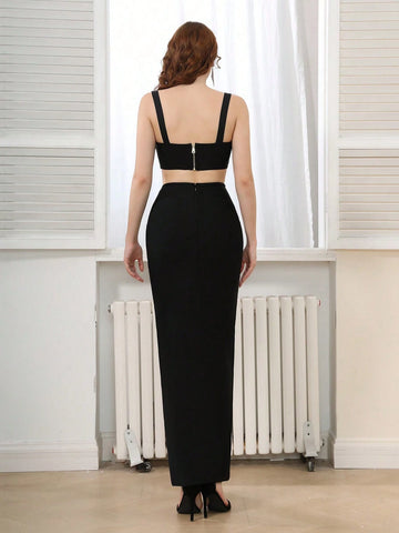 Modphy 2pcs/Set Sexy Spaghetti Strap Solid Shiny Rhinestone Backless Crop Top And Form-Fitting Long Skirt, Cocktail Party Outfit Modphy 2pcs/Set Sexy Spaghetti Strap Solid Shiny Rhinestone Backless Crop Top And Form-Fitting Long Skirt, Cocktail Party Outfit