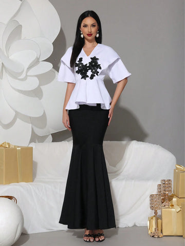 Modphy 2pcs Set: Elegant Applique Short Sleeve White Top & High-Waisted Fishtail Skirt, Formal Dress Modphy 2pcs Set: Elegant Applique Short Sleeve White Top & High-Waisted Fishtail Skirt, Formal Dress