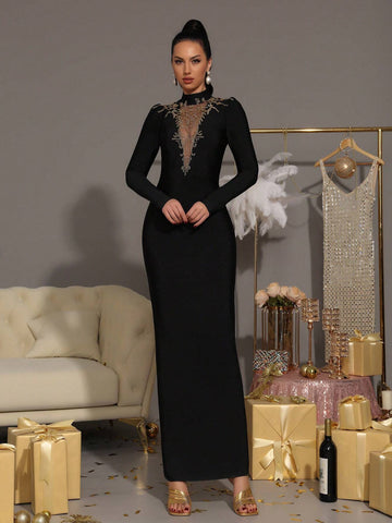 Modphy Black Elegant Mesh Splice Pearl Decor Bandage Dress, Long Sleeve Round Neck Formal Evening Gown Modphy Black Elegant Mesh Splice Pearl Decor Bandage Dress, Long Sleeve Round Neck Formal Evening Gown