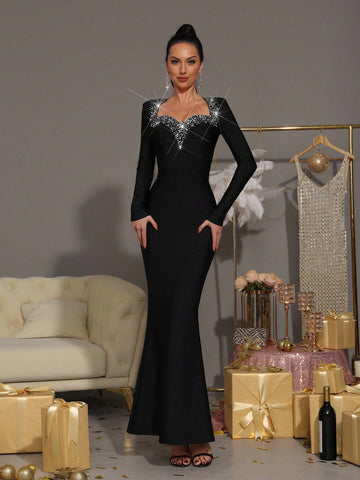 Modphy Elegant Sparkling Rhinestone Heart-Neck Long Sleeve Mermaid Hem Long Dress, Formal Evening Party Gown Modphy Elegant Sparkling Rhinestone Heart-Neck Long Sleeve Mermaid Hem Long Dress, Formal Evening Party Gown