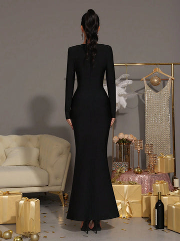 Modphy Elegant Sparkling Rhinestone Heart-Neck Long Sleeve Mermaid Hem Long Dress, Formal Evening Party Gown Modphy Elegant Sparkling Rhinestone Heart-Neck Long Sleeve Mermaid Hem Long Dress, Formal Evening Party Gown