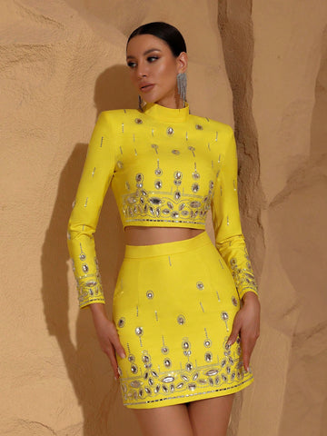 Modphy High Quality New Fashion Women's Heavy Industry Crystal Beads Slim Fit Yellow Set Sexy Short Top+Dress Party 2 Two Piece Set Modphy High Quality New Fashion Women's Heavy Industry Crystal Beads Slim Fit Yellow Set Sexy Short Top+Dress Party 2 Two Piece Set
