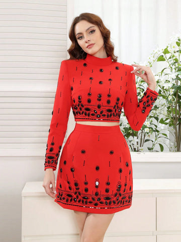 Modphy High Quality New Fashion Women's Heavy Industry Crystal Beads Slim Fit Yellow Set Sexy Short Top+Dress Party 2 Two Piece Set Modphy High Quality New Fashion Women's Heavy Industry Crystal Beads Slim Fit Yellow Set Sexy Short Top+Dress Party 2 Two Piece Set