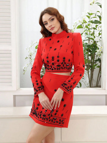 Modphy High Quality New Fashion Women's Heavy Industry Crystal Beads Slim Fit Yellow Set Sexy Short Top+Dress Party 2 Two Piece Set Modphy High Quality New Fashion Women's Heavy Industry Crystal Beads Slim Fit Yellow Set Sexy Short Top+Dress Party 2 Two Piece Set