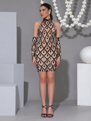 Modphy New Elegant Bling Crystal Hand Gloves Off Shoulder Sequin Dress, Trendy Women's Autumn Outfit, Suitable For Valentine's Day, Evening Party, Prom Modphy New Elegant Bling Crystal Hand Gloves Off Shoulder Sequin Dress, Trendy Women's Autumn Outfit, Suitable For Valentine's Day, Evening Party, Prom