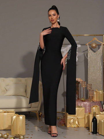Modphy New Fashion Women Sexy Pearl Decor Extra Long Sleeve Maxi Bandage Dress, Elegant Party Evening Gown Modphy New Fashion Women Sexy Pearl Decor Extra Long Sleeve Maxi Bandage Dress, Elegant Party Evening Gown