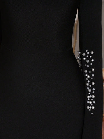 Modphy New Fashion Women Sexy Pearl Decor Extra Long Sleeve Maxi Bandage Dress, Elegant Party Evening Gown Modphy New Fashion Women Sexy Pearl Decor Extra Long Sleeve Maxi Bandage Dress, Elegant Party Evening Gown