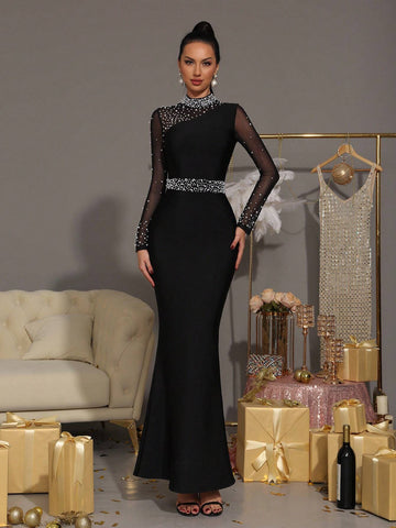 Modphy New Sexy Pearl Decor Fishnet Panel Long Sleeve Bodycon Long Bandage Dress, Elegant Party Formal Evening Gown For Women Modphy New Sexy Pearl Decor Fishnet Panel Long Sleeve Bodycon Long Bandage Dress, Elegant Party Formal Evening Gown For Women