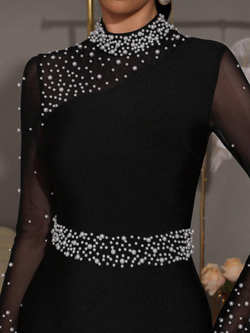 Modphy New Sexy Pearl Decor Fishnet Panel Long Sleeve Bodycon Long Bandage Dress, Elegant Party Formal Evening Gown For Women Modphy New Sexy Pearl Decor Fishnet Panel Long Sleeve Bodycon Long Bandage Dress, Elegant Party Formal Evening Gown For Women