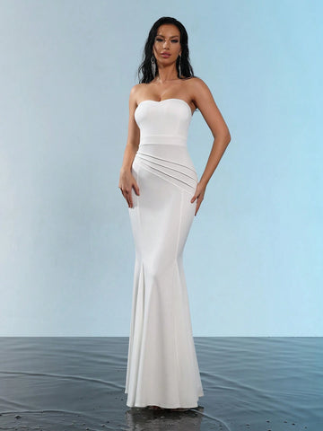 Modphy New Stylish Women's White Sleeveless Backless Ruched Bodycon Long Bandage Mermaid Dress, Elegant For Birthday, Party And Formal Evening Gown Modphy New Stylish Women's White Sleeveless Backless Ruched Bodycon Long Bandage Mermaid Dress, Elegant For Birthday, Party And Formal Evening Gown