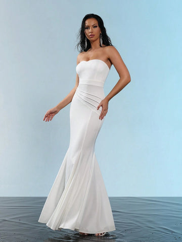 Modphy New Stylish Women's White Sleeveless Backless Ruched Bodycon Long Bandage Mermaid Dress, Elegant For Birthday, Party And Formal Evening Gown Modphy New Stylish Women's White Sleeveless Backless Ruched Bodycon Long Bandage Mermaid Dress, Elegant For Birthday, Party And Formal Evening Gown