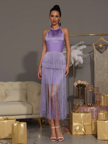 Modphy New Ladies' Sexy Solid Color Halter Backless Tassel Sleeveless Dress, Women's Party Formal Dress Modphy New Ladies' Sexy Solid Color Halter Backless Tassel Sleeveless Dress, Women's Party Formal Dress