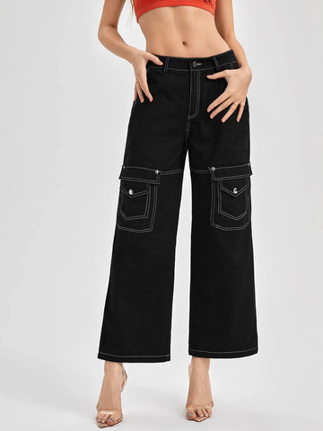 Streetwear Designer Flap Pocket Top-Stitching Wide Leg Pants,Women Clothes,For Summer Streetwear Designer Flap Pocket Top-Stitching Wide Leg Pants,Women Clothes,For Summer
