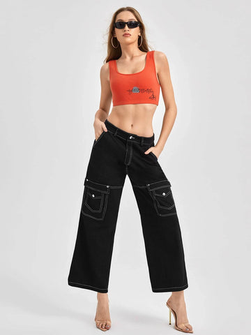 Streetwear Designer Flap Pocket Top-Stitching Wide Leg Pants,Women Clothes,For Summer Streetwear Designer Flap Pocket Top-Stitching Wide Leg Pants,Women Clothes,For Summer