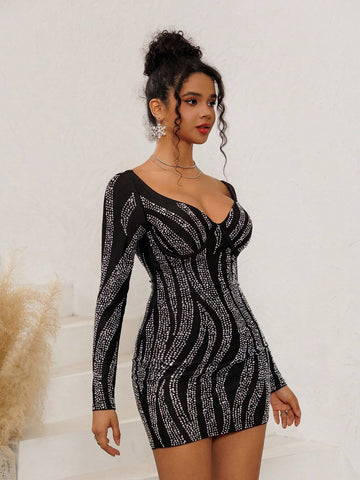 NIKBK Women's Sparkle Rhinestone Long Sleeve Stripe V Neck Bodycon Mini Dress Black Birthday Party Dress Formal Evening Gown Suitable For Club, Party, Nightlife, Birthday, Date, Dance, Leisure, Holiday And Other Formal Or Semi-Formal Occasions NIKBK Women's Sparkle Rhinestone Long Sleeve Stripe V Neck Bodycon Mini Dress Black Birthday Party Dress Formal Evening Gown Suitable For Club, Party, Nightlife, Birthday, Date, Dance, Leisure, Holiday And Other Formal Or Semi-Formal Occasions