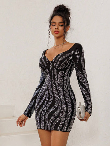 NIKBK Women's Sparkle Rhinestone Long Sleeve Stripe V Neck Bodycon Mini Dress Black Birthday Party Dress Formal Evening Gown Suitable For Club, Party, Nightlife, Birthday, Date, Dance, Leisure, Holiday And Other Formal Or Semi-Formal Occasions NIKBK Women's Sparkle Rhinestone Long Sleeve Stripe V Neck Bodycon Mini Dress Black Birthday Party Dress Formal Evening Gown Suitable For Club, Party, Nightlife, Birthday, Date, Dance, Leisure, Holiday And Other Formal Or Semi-Formal Occasions