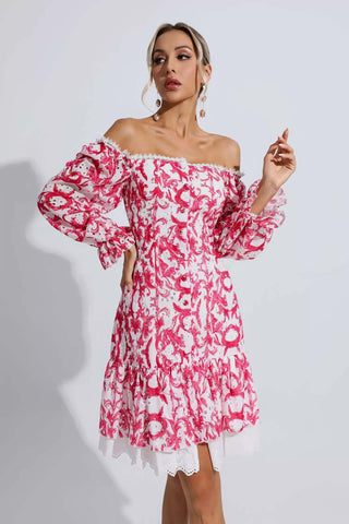 Navy Red Floral Off Shoulder Dress Navy Red Floral Off Shoulder Dress