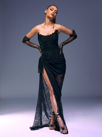 Nazia Strapless Lace Maxi Dress With Gloves Nazia Strapless Lace Maxi Dress With Gloves