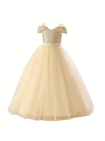 New Arrival Girls Princess Dress With Spaghetti Straps & One Shoulder Shining Sequins Big Kids Long Tulle Dress Children Formal Dress New Arrival Girls Princess Dress With Spaghetti Straps & One Shoulder Shining Sequins Big Kids Long Tulle Dress Children Formal Dress