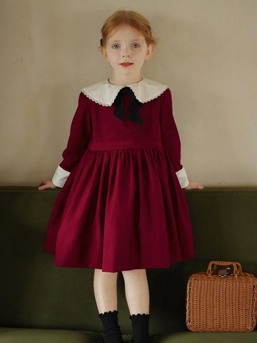 New Autumn/Winter Girls' Colorblock Floral Trim Retro Palace Style Dress, Unique Elegant Bow Princess Dress New Autumn/Winter Girls' Colorblock Floral Trim Retro Palace Style Dress, Unique Elegant Bow Princess Dress
