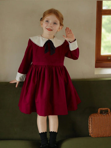 New Autumn/Winter Girls' Colorblock Floral Trim Retro Palace Style Dress, Unique Elegant Bow Princess Dress New Autumn/Winter Girls' Colorblock Floral Trim Retro Palace Style Dress, Unique Elegant Bow Princess Dress