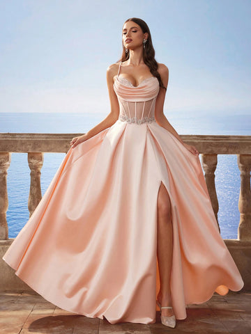 New Baroque Luxury Satin Spaghetti Strap Mermaid Style Long Bridesmaid Dress New Baroque Luxury Satin Spaghetti Strap Mermaid Style Long Bridesmaid Dress