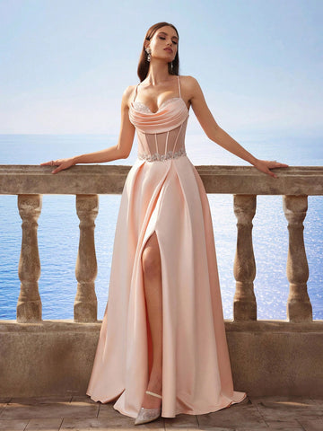 New Baroque Luxury Satin Spaghetti Strap Mermaid Style Long Bridesmaid Dress New Baroque Luxury Satin Spaghetti Strap Mermaid Style Long Bridesmaid Dress