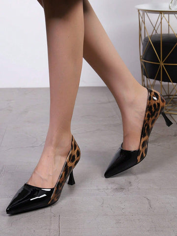 New European & American Style Leopard Print Patent Leather Pointed Toe High Heel Pumps, Sexy Colorblock New European & American Style Leopard Print Patent Leather Pointed Toe High Heel Pumps, Sexy Colorblock