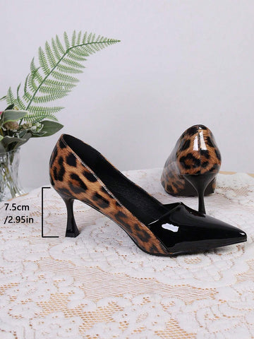 New European & American Style Leopard Print Patent Leather Pointed Toe High Heel Pumps, Sexy Colorblock New European & American Style Leopard Print Patent Leather Pointed Toe High Heel Pumps, Sexy Colorblock