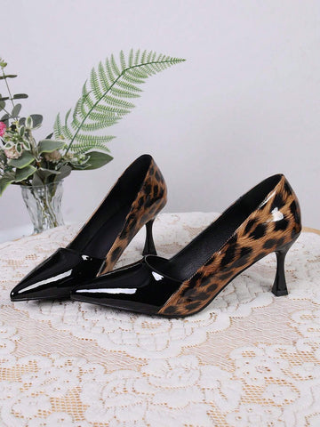 New European & American Style Leopard Print Patent Leather Pointed Toe High Heel Pumps, Sexy Colorblock New European & American Style Leopard Print Patent Leather Pointed Toe High Heel Pumps, Sexy Colorblock