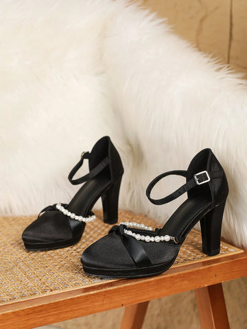 New Fashionable & Elegant Satin Closed Toe Pearl Decor Ankle Strap High Heel Platform Sandals New Fashionable & Elegant Satin Closed Toe Pearl Decor Ankle Strap High Heel Platform Sandals
