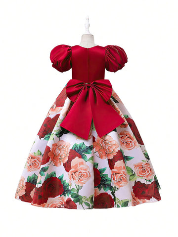New Girls" Formal Dress In Satin With Puff Sleeves, Printed Princess Dress For Middle To Big Girls, Suitable For Piano Performance New Girls" Formal Dress In Satin With Puff Sleeves, Printed Princess Dress For Middle To Big Girls, Suitable For Piano Performance