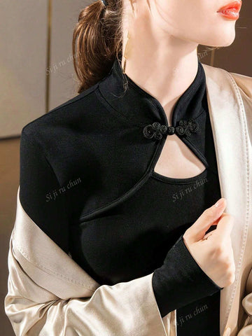 New Hollow Out Vintage Chinese Style Stand Collar Long Sleeve Fitted T-Shirt Top For Women, Spring/Autumn New Hollow Out Vintage Chinese Style Stand Collar Long Sleeve Fitted T-Shirt Top For Women, Spring/Autumn