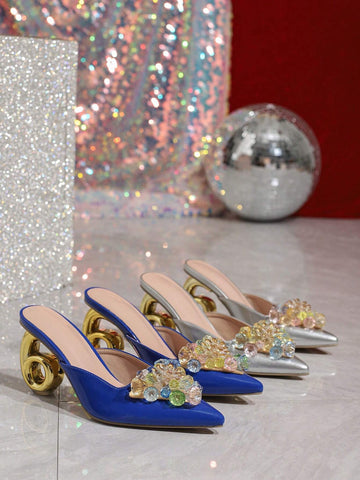 New Minimalist Design, Mirror-Like Shiny Material, Unusual Heel, Decorated With Crystal Glass New Minimalist Design, Mirror-Like Shiny Material, Unusual Heel, Decorated With Crystal Glass