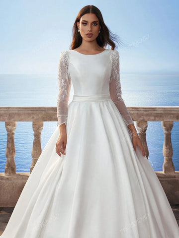 New Muslim Lace Long Sleeve Satin Wedding Dress, Dignified Bridal Gown New Muslim Lace Long Sleeve Satin Wedding Dress, Dignified Bridal Gown