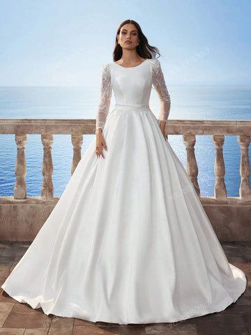 New Muslim Lace Long Sleeve Satin Wedding Dress, Dignified Bridal Gown New Muslim Lace Long Sleeve Satin Wedding Dress, Dignified Bridal Gown