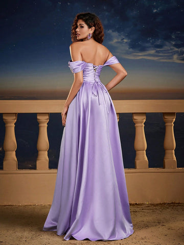New Romantic Purple Off-Shoulder Short Sleeve Slit Long Dress, Bridesmaid Dress, Natural Country Wedding New Romantic Purple Off-Shoulder Short Sleeve Slit Long Dress, Bridesmaid Dress, Natural Country Wedding
