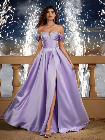 New Romantic Purple Off-Shoulder Short Sleeve Slit Long Dress, Bridesmaid Dress, Natural Country Wedding New Romantic Purple Off-Shoulder Short Sleeve Slit Long Dress, Bridesmaid Dress, Natural Country Wedding