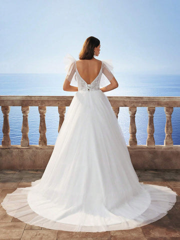 New Ruffled Sleeve Lace & Mesh Backless Wedding Dress New Ruffled Sleeve Lace & Mesh Backless Wedding Dress