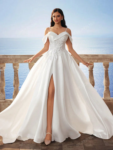 New Satin Lace Embroidered Split High-Low Hem Long Wedding Dress New Satin Lace Embroidered Split High-Low Hem Long Wedding Dress